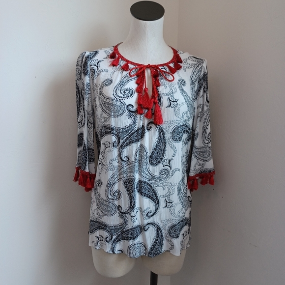 Chicos Top Paisley Print Black White Red Tassels Tunic Blouse Womens Size Small - Picture 10 of 14